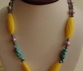 Lovely Turquoise Blue, Yellow and Pink Beads on a Long Necklace