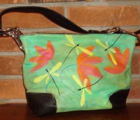 Hand Painted Abstract Dragonfly Handbag Purse Shoulder Bag Hobo Bag