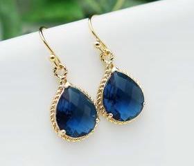 Wedding Jewelry Dangle Earrings Bridal Earrings Bridesmaid Earrings Sapphire Blue glass Pear Cut Earrings