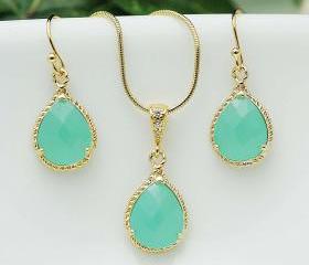 Wedding Jewelry Bridesmaid Jewelry Bridesmaid Earrings Bridesmaid Necklace Mint Opal Glass Gold Trimmed Pear Cut Bridesmaid gift