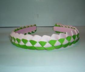 Girls woven ribbon headband in pink and green