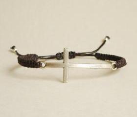 Silver Side Cross Wax Cord Bracelet with Adjustable Style - Gift for Him - Gift under 15 