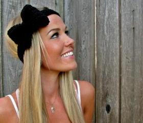 Midnight Black Bow Headband with Natural Vegan Coconut Shell Buttons - Adjustable