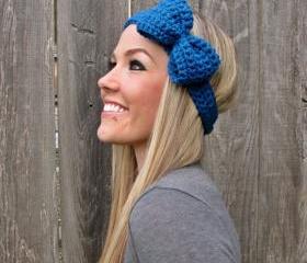 Sapphire Blue Bow Headband with Natural Vegan Coconut Shell Buttons - Adjustable