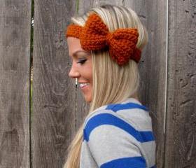 Burnt Orange Bow Headband with Natural Vegan Coconut Shell Buttons - Adjustable
