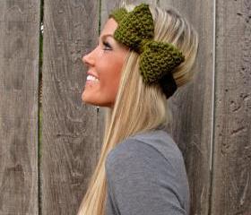 Olive Green Bow Headband with Natural Vegan Coconut Shell Buttons - Adjustable