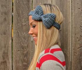 Dusty Blue Bow Headband with Natural Vegan Coconut Shell Buttons - Adjustable