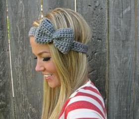 Heather Grey Bow Headband with Natural Vegan Coconut Shell Buttons - Adjustable