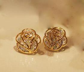 The fashion rhinestone Camellia earrings stud-gold+champagne