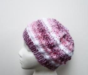 Crochet Beanie Tam Hat with Bobbles in Pink Stripes, ready to ship.
