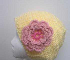 Crochet Slouch Tam Hat in Lemon Yellow with pink flower applique, ready to ship.