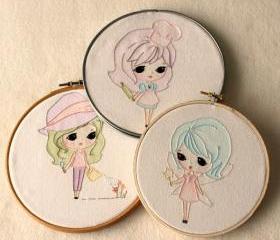 Set of Three Embroidery pdf Patterns - Fairy, Baker and Garden Girl