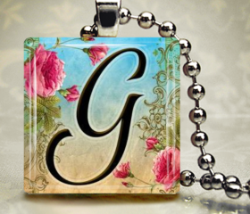 Floral Letter A to Z Alphabet Initial Inch Glass Tile Necklace