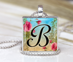 Personalized Letters Alphabet Initial A to Z Pink Roses Glass Necklace or Keychain