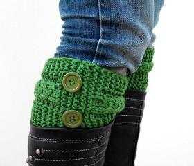 Knit Green Boot Toppers, Knit Green Boot Cuffs,with Green Button, Accessories