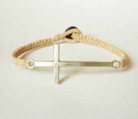 Tan Side Cross Bracelet - Simple Single Silver Side Cross woven with Tan Wax Cord Bracelet - Men Jewelry - Unisex - Gift under 15