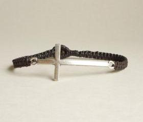  Silver Side Cross Bracelet - Tibetan Silver Side Cross woven with Dark Brown Wax Cord Bracelet - Men Jewelry - Unisex - Gift under 15 - Friendship bracelet 