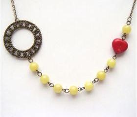 Antiqued Brass Circle Butter Jade Coral Necklace