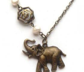 Antiqued Brass Elephant Flower Fresh Water Pearl Necklace