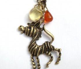 Antiqued Brass Zebra Red Agate Quartz Necklace