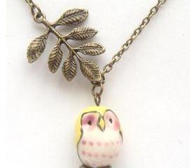 Antiqued Brass Leaf Porcelain Owl Necklace