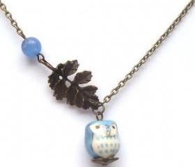Antiqued Brass Leaf Jade Porcelain Owl Necklace