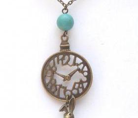 Antiqued Brass Clock Bunny Green Turquoise Necklace