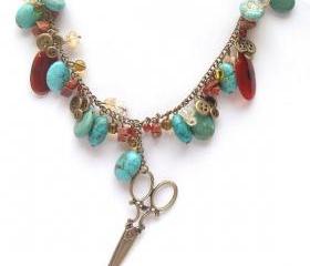 Antiqued Brass Scissor Button Turquoise Agate Gold Sand Stone Necklace