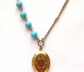 Antiqued Brass Locket Green Turquoise Necklace