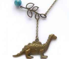 Antiqued Brass Leaf Dinosaur Green Turquoise Necklace
