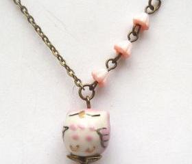 Antique Brass Flower Porcelain Owl Necklace