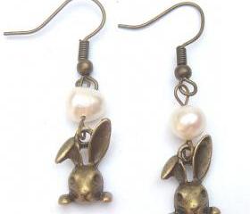 Antiqued Brass Rabbit White Pearl Earrings
