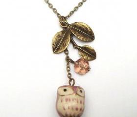 Antiqued Brass Leaf Czech Glass Flower Porcelain Owl Necklace