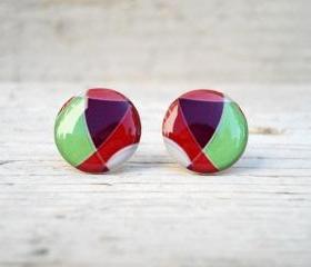 Geometric Earrings Studs Posts in Neon Green, Purple, White, Red - Orange Ear Studs