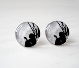  Full Moon Fairy Earrings in Black and Gray, Fairy Tale Story