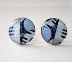  Piano Stud Earrings in Baby Blue Black White, Musical Jewelry, Music Lover