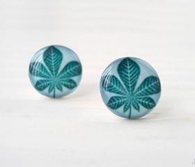 Teal blue botanical earrings posts, Leaf earrings, Chestnut Tree Leaf