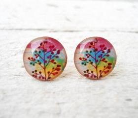  Ear Posts Rainbow Branch in Pink Yellow Green Blue Earrings, Mother's Day
