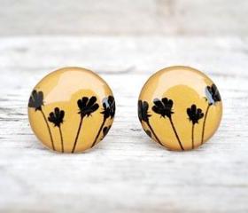 Black and Yellow Earrings, Floral Ear Studs Posts, Flower Earrings