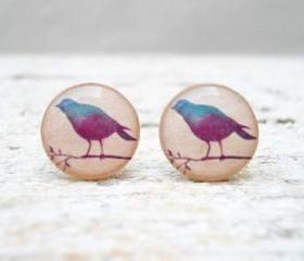  Little Lilac Bird Ear Studs Earrings Posts Peach Blue Purple, Small