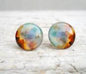 Galaxy Jewelry Earrings, Space Nebula, Mint Brown Blue Purple, Gift for Her