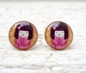 Chinese girl earrings studs posts,Traditional Art jewelry, Pink Brown