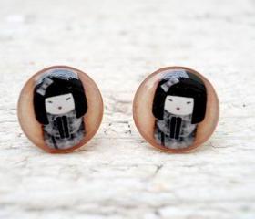 Cute Earrings, Chinese girl earrings studs posts,Traditional Art jewelry, Black Beige