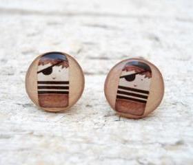 Retro Little Pirate Earrings in Brown, Small Ear Studs Posts, Nautical