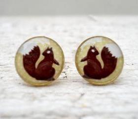 Squirrel earrings studs posts, Brown Green, Woodland Animal Jewelry