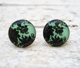 Mint Green Pattern Earrings, Small Ear Studs Posts, Floral