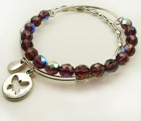 Expandable Bangle Bracelet - Amethyst Shimmer Glass Crystal Beaded Bangle Bracelet