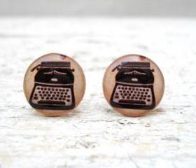 Vintage Typewriter Ear Studs Posts Beige Brown Earrings , Old Jewelry