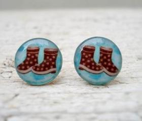 Brown Boots Earrings studs posts,Blue, Winter Trend