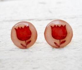Small Ear Studs, Beige Red Flower
